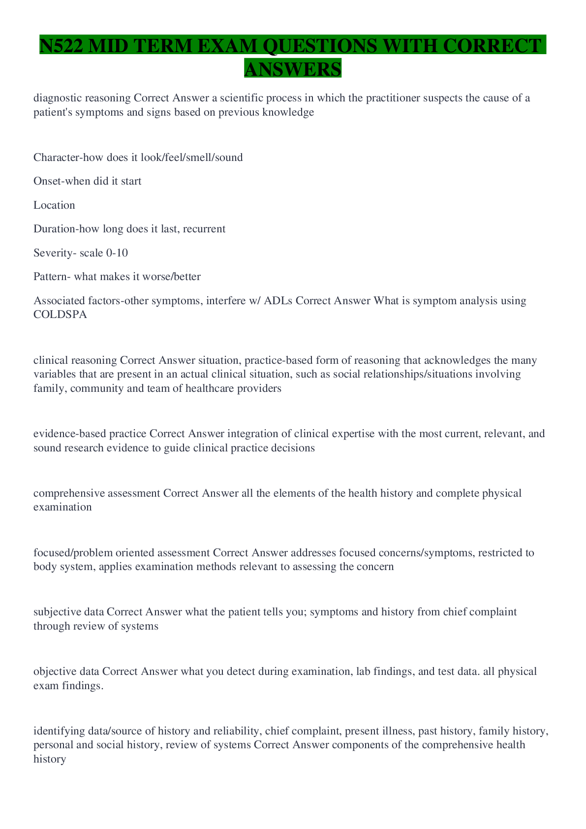 Preview image for N522 MID TERM EXAM QUESTIONS WITH CORRECT ANSWERS